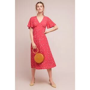 Vibrant Red Polka Midi Dress with V-Neck and Flutter Sleeves